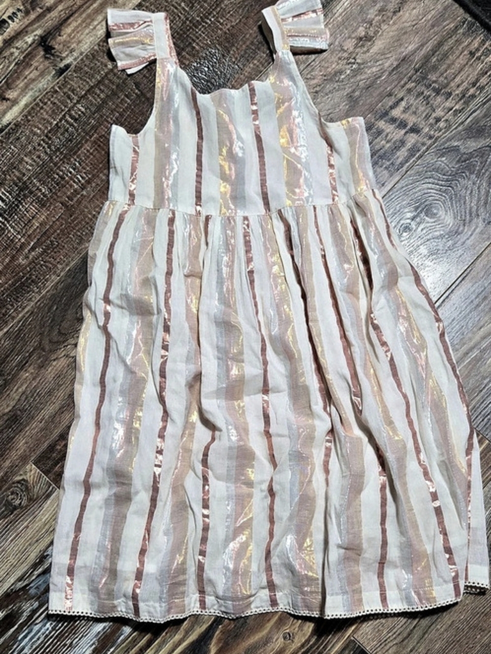 Yo Baby Metallic Rose Gold Striped Ruffle Strap Dress Size 10 Kids